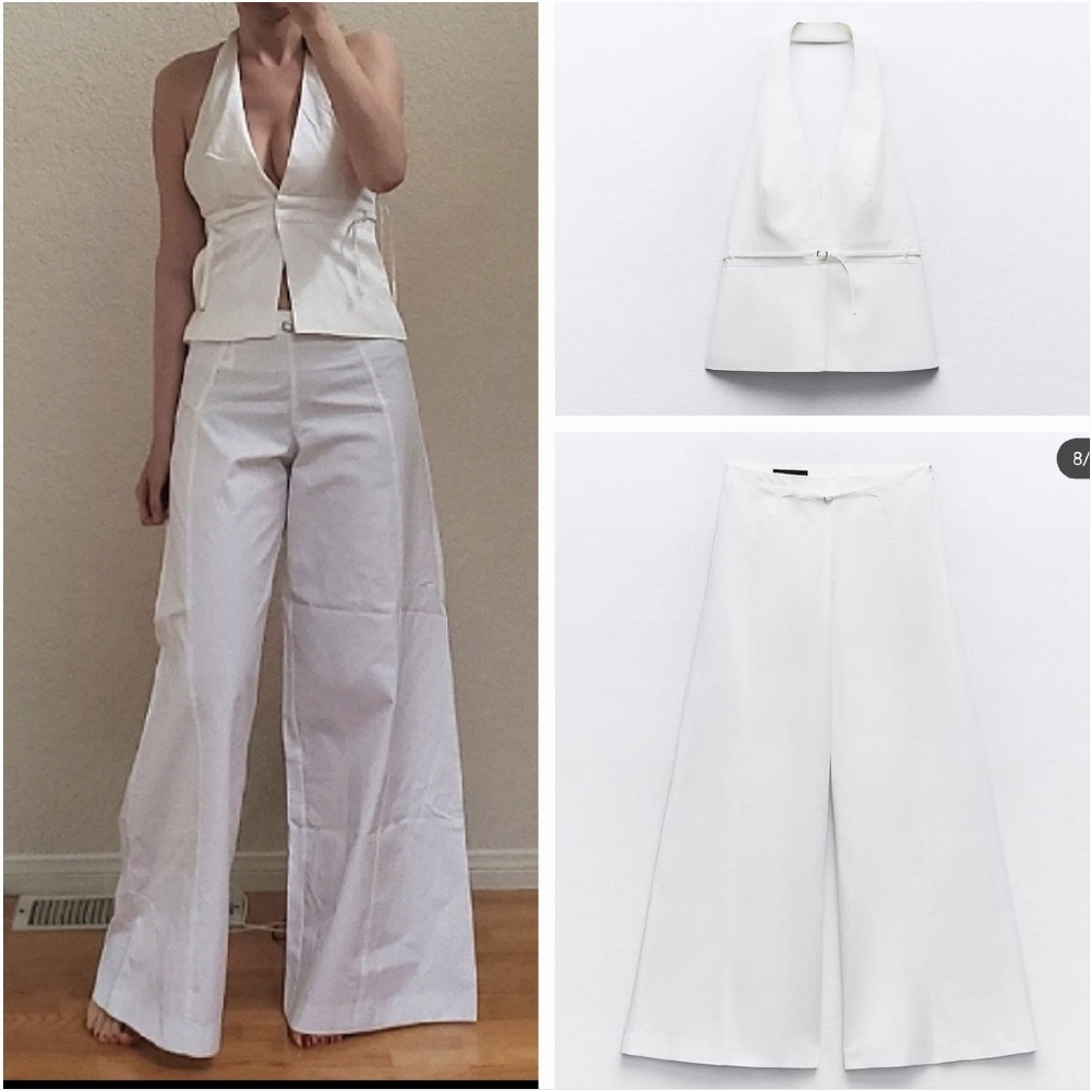 Zara 2 Pc * Matching Set Palazzo Wide Pants & Top White  NWT